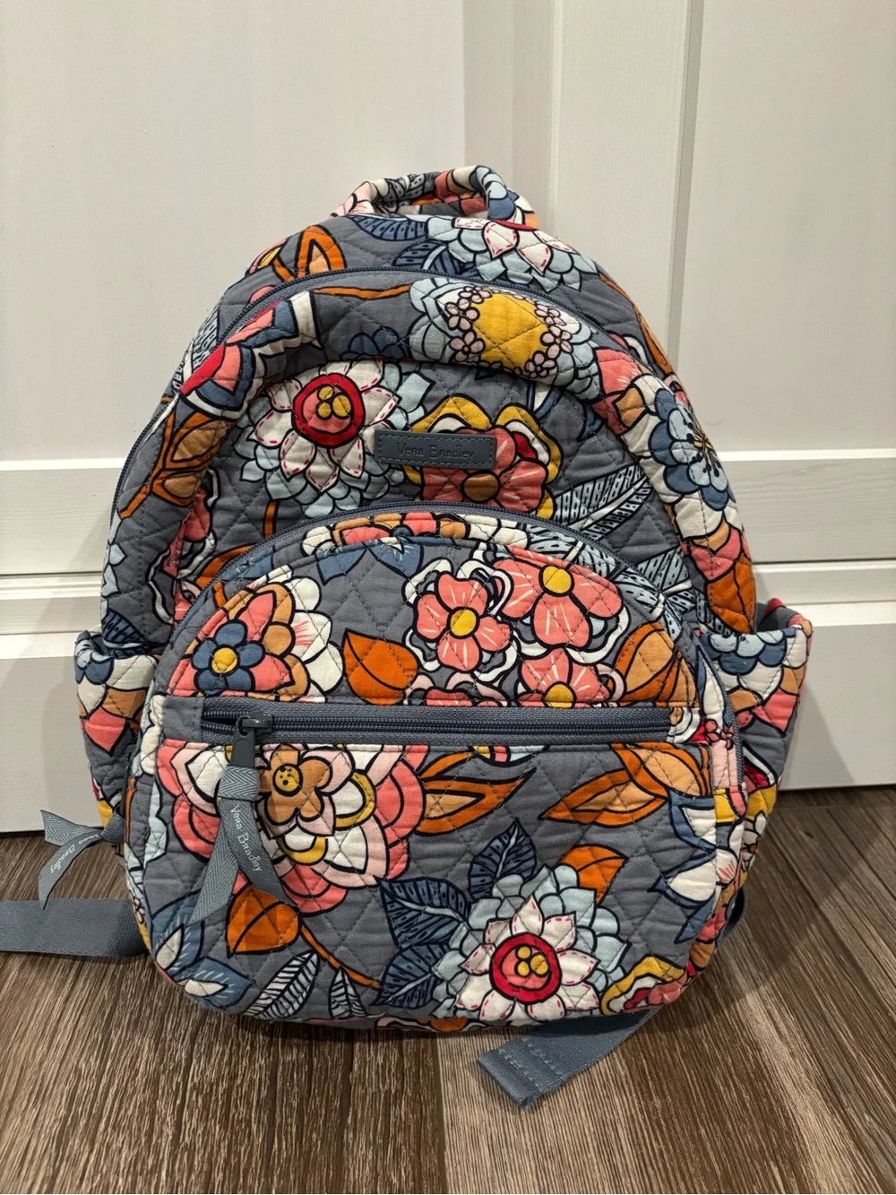 Vera Bradley Quilted Kids Backpack in Blue with Pink and Orange Floral Print